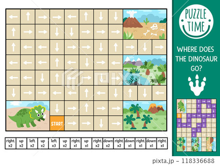 Dinosaur logic maze for kids with triceratops. Prehistoric preschool printable activity. Labyrinth game or puzzle with left, right, up, down concept. Follow the arrow and find out where dino goes 118336688