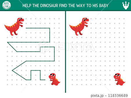 Dinosaur drawing, writing, tracing, space orientation activity for kids with ancient animals. Draw lines in box according example. Preschool prehistoric printable game, puzzle with T-rex mama and 118336689