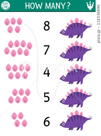 Match the numbers dinosaur game with stegosaur and bony plates. Prehistoric math activity for preschool kids. Dino land educational counting worksheet with ancient animal 118336690