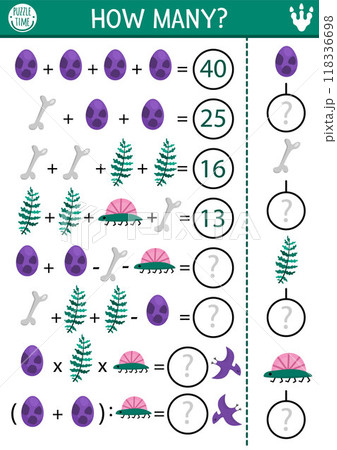 Dinosaur how many game, equation or rebus. Prehistoric math activity for school children. Simple printable counting worksheet for kids with bone, egg, fern, little dino Dinosaur how many game, equation or rebus. Prehistoric math activity for school children. Simple printable counting worksheet for kids with bone, egg, fern, little dino 118336698