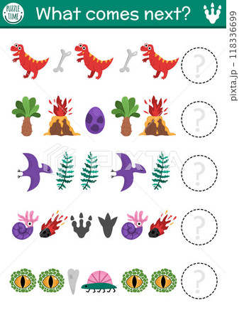 What comes next. Dinosaur logical activity for preschool children with T-rex, egg, volcano, pterosaur, eye, meteorite. Prehistoric logic succession worksheet. Dino land continue the row game 118336699