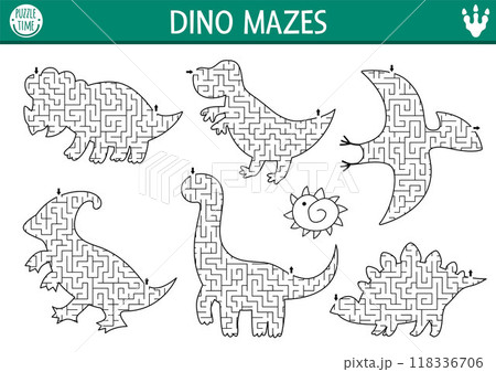 Dinosaur geometrical maze set for kids. Prehistoric preschool printable activity shaped as triceratops, t-rex, pterosaur, stegosaur, brachiosaur. Dine land labyrinth game or puzzle collection for Dinosaur geometrical maze set for kids. Prehistoric preschool printable activity shaped as triceratops, t-rex, pterosaur, stegosaur, brachiosaur. Dine land labyrinth game or puzzle collection for 118336706