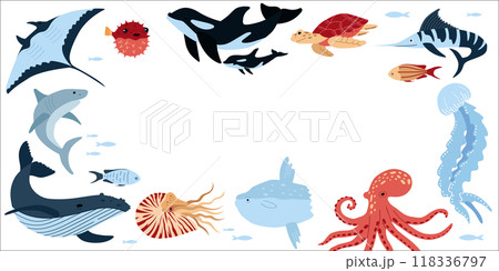 Background with sea inhabitants. Banner template. Frame with corals, jellyfish, octopus and other marine animals on white background. 118336797