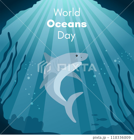 World Oceans Day. Greeting card, banner, social media post template. Sea background with shark. World Oceans Day. Greeting card, banner, social media post template. Sea background with shark. 118336809