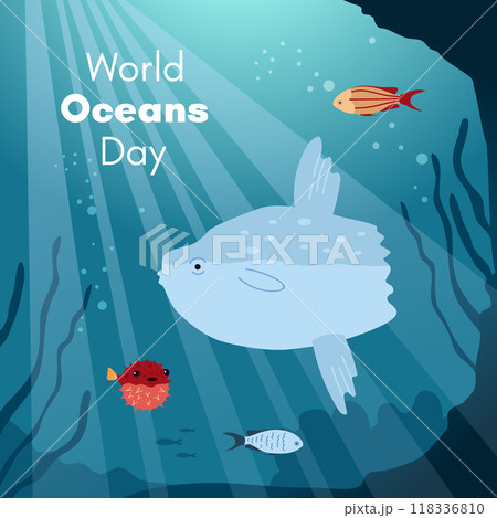 World Oceans Day. Greeting card, banner, social media post template. Sea background with sun fish, fugu fish. 118336810