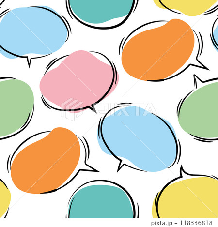 Color comic speech bubbles cute seamless pattern. Bright color spots with black marker frames. Vector doodle background. 118336818