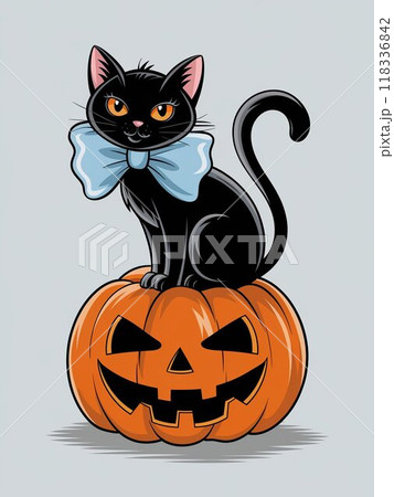 ハロウィンかぼちゃと可愛いリボンの黒猫のベクター風イラスト 118336842