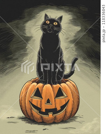 ハロウィンかぼちゃと座る黒猫のビンテージ風イラスト ホラー 118336843