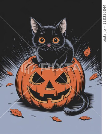 ハロウィンかぼちゃと座るかわいい黒猫のイラスト 子猫 118336844