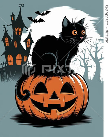 ハロウィンかぼちゃと座る黒猫のベクター風イラスト お城とコウモリの背景 118336845