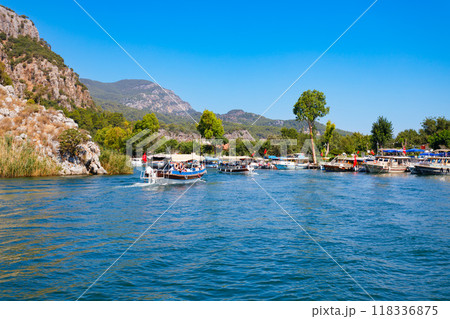 Boats at Dalyan river in Dalyan town, Turkey Boats at Dalyan river in Dalyan town, Turkey 118336875