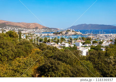 The Bodrum Castle and marina aerial panoramic view in Turkey 118336937