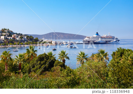 Big cruise ship in Bodrum marina aerial panoramic view, Turkey Big cruise ship in Bodrum marina aerial panoramic view, Turkey 118336948