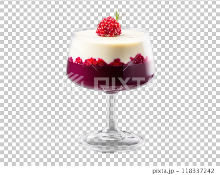 Panna Cotta with Berry Compote vanilla flavored and silky served in a transparent glass dish 118337242
