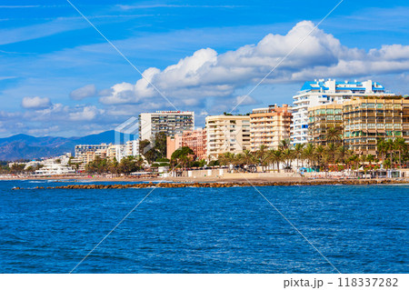 Marbella city beach panoramic view in Spain 118337282