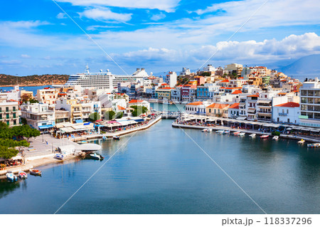 Agios Nikolaos aerial panoramic view, Crete island, Greece 118337296