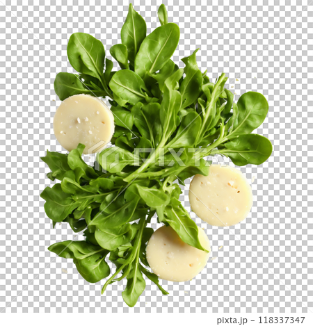Arugula small tender dark green leaves handful tossed floating parmesan shavings drifting Food and Culinary 118337347
