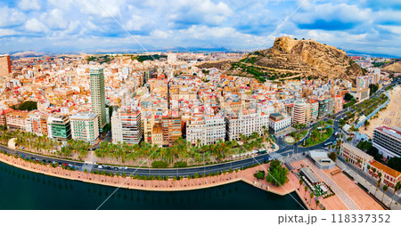 Alicante city centre aerial panoramic view, Spain 118337352