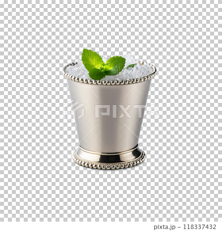 Elegant silver mint julep cup with a beaded rim filled with crushed ice and garnished Elegant silver mint julep cup with a beaded rim filled with crushed ice and garnished 118337432