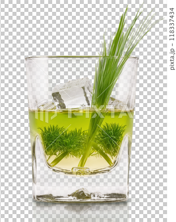 Polish Zubrowka in shot glass accompanied by blade of grass and few ice cubes 118337434