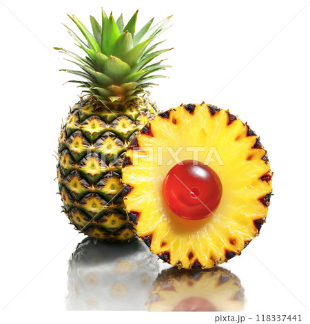 Grilled pineapple and rum cocktail with a maraschino cherry and a sugar rim Summer food 118337441