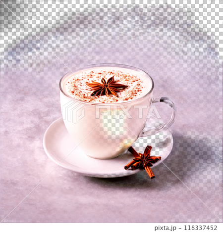 Chai latte with cinnamon stick star anise and frothed milk swirling above Food and culinary 118337452