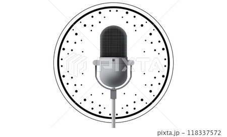 Professional microphone in radio station studio on air, Microphone, Happy radio host broadcasting in studio, record a podcast with headphones and microphone for live streaming 118337572