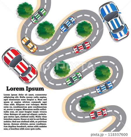 Cars on a winding road. View from above. The template for the presentation. Vector illustration. 118337600