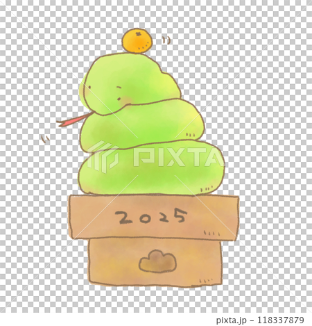 Illustration of a green snake imitating a kagami mochi with a mandarin orange on its head 118337879