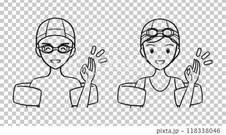 水泳の授業・習い事　水着を着てOKサインをする男子女子セット（線画） 118338046