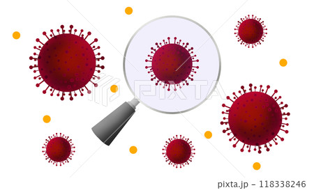 magnifying glass showing bacteria and virus, viruses under a magnifying glass, Dangerous pathogens and viruses, education for school, Microscopic view of virus particles 118338246