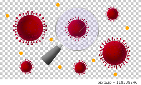 magnifying glass showing bacteria and virus, viruses under a magnifying glass, Dangerous pathogens and viruses, education for school, Microscopic view of virus particles 118338246