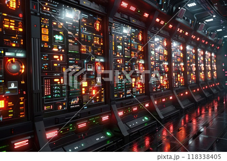 An array of futuristic screens displaying holographic data visualizations. An array of futuristic screens displaying holographic data visualizations. 118338405