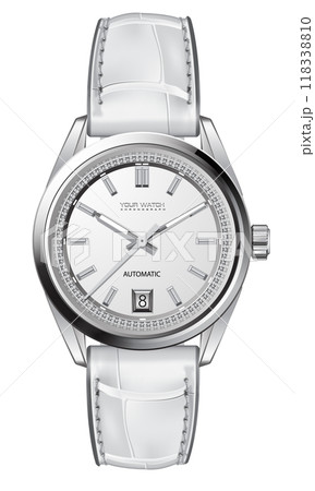 Realistic wristwatch in silver with diamonds around the dial gray arrows white leather strap, design for men luxury elegant vector illustration. 118338810
