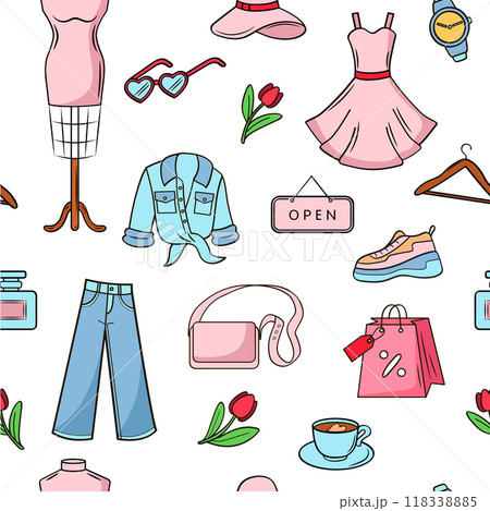 Clothes, goods, summer shopping. Beautiful vector pattern set on a white background. Seamless background for printing. 118338885