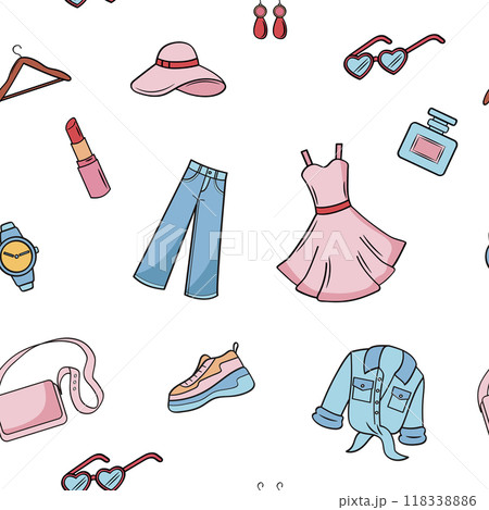 Female clothes, goods, shopping. Beautiful vector pattern set on a white background. Seamless background for printing. 118338886