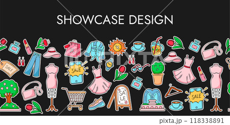 Spring or summer showcase design. ?lothes, shoes, accessories, flowers seamless border of bright stickers for pasting shop windows. 118338891