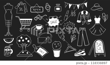 Summer city shopping. Goods sale. Doodle set on dark background. Clothing, shoes, perfume, jewelry, accessories. Summer city shopping. Goods sale. Doodle set on dark background. Clothing, shoes, perfume, jewelry, accessories. 118338897