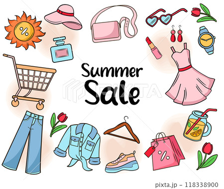 Summer Sale banner template. Vector illustration. Clothes, shoes, accessories. Color illustrations in doodle style. Summer Sale banner template. Vector illustration. Clothes, shoes, accessories. Color illustrations in doodle style. 118338900
