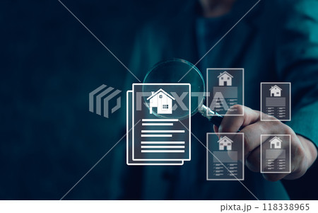 Real estate documents under magnifying glass, signifying property search and analysis. Ideal for realty, investment, housing marketing, business. Digital inspection concept. Real estate documents under magnifying glass, signifying property search and analysis. Ideal for realty, investment, housing marketing, business. Digital inspection concept. 118338965