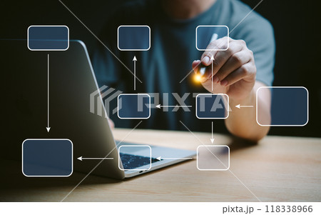 Hand drawing flowchart on laptop screen, indicating workflow, process management. Highlights planning, strategic development. Useful for business presentations, project management. 118338966