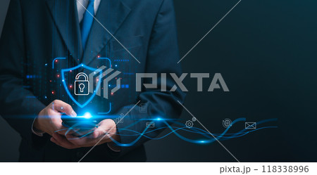 Businessman with a digital shield and lock icon, cybersecurity, and data protection.Privacy and trust in digital transactions. Perfect for IT services, and business presentations. High-tech security Businessman with a digital shield and lock icon, cybersecurity, and data protection.Privacy and trust in digital transactions. Perfect for IT services, and business presentations. High-tech security 118338996