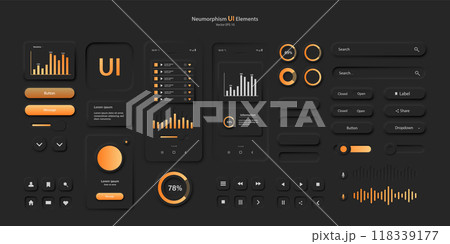 The user interface elements for the mobile app are in black and orange. 118339177