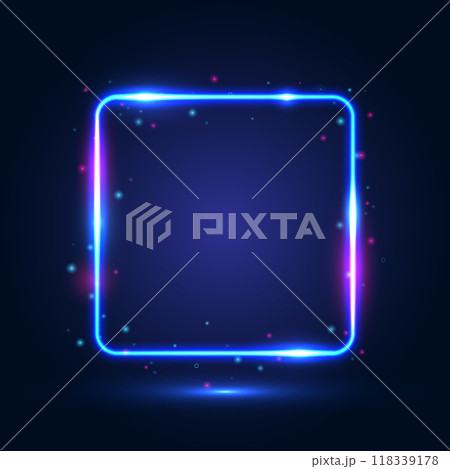 Neon square blue frame with shining effects and highlights on a dark background. 118339178