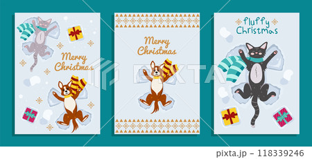 Merry Christmas. Set of vector greeting card templates with funny animals. Cute Cat and dog lie on the snow and make a snow angel. Merry Christmas. Set of vector greeting card templates with funny animals. Cute Cat and dog lie on the snow and make a snow angel. 118339246