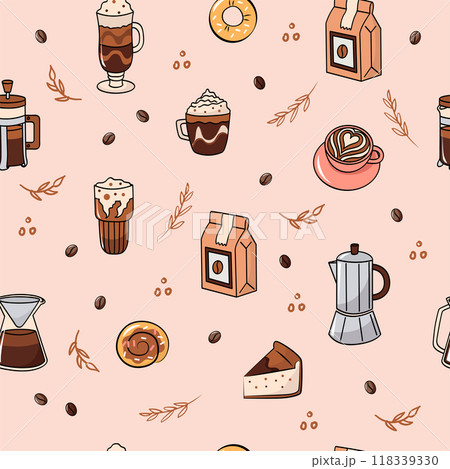 Coffee shop and bakery cute pink seamless pattern. Vector editable background. Print for packaging, fabric. Coffee shop and bakery cute pink seamless pattern. Vector editable background. Print for packaging, fabric. 118339330