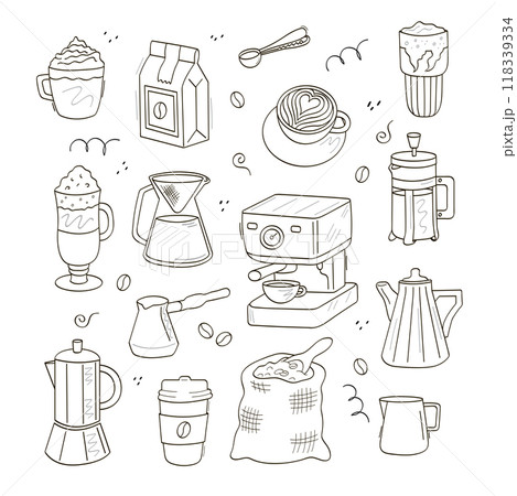 Coffee, coffee pot, coffee machine, bag of beans, latte, cappuccino, glass. A large set of doodle outline icons. 118339334