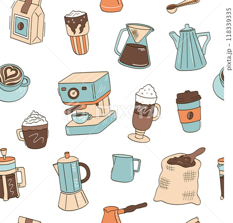 Coffee, coffee pot, coffee machine, bag of beans, latte, cappuccino, glass. Color vector seamless pattern. Coffee, coffee pot, coffee machine, bag of beans, latte, cappuccino, glass. Color vector seamless pattern. 118339335