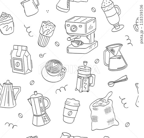 Coffee, cappuccino, pot, coffee machine, bag of beans, latte, glass. Seamless vector pattern of cute doodle icons on a white background. Coffee, cappuccino, pot, coffee machine, bag of beans, latte, glass. Seamless vector pattern of cute doodle icons on a white background. 118339336