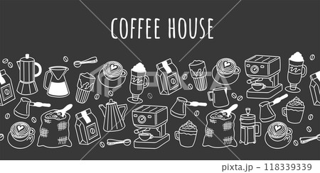 Coffee house logo template and seamless border. Cute vector doodle icon set on black background. Coffee house logo template and seamless border. Cute vector doodle icon set on black background. 118339339
